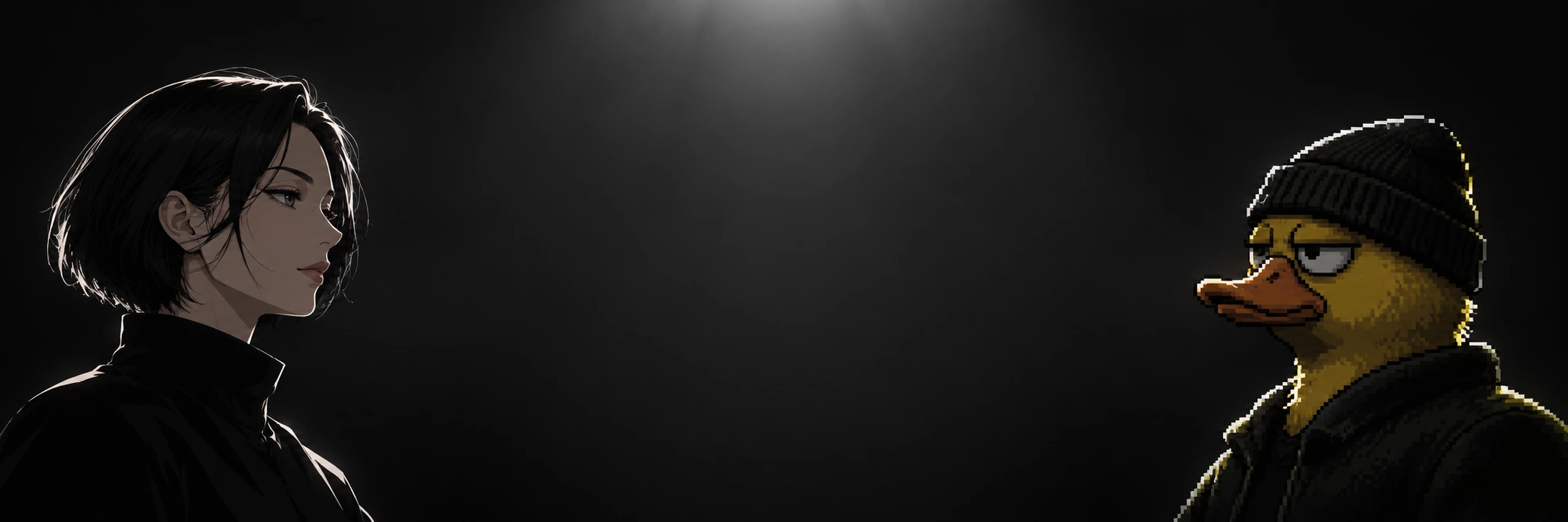 A 2D anime woman and a pixel duck in shadow, outlined by silver rim light
